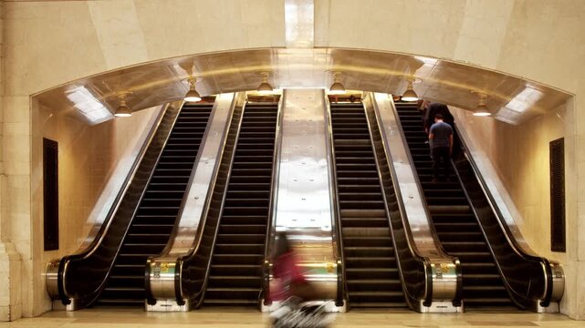 crowds of commuters using escalators at new york city grand central station 