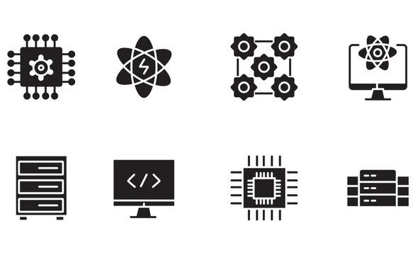 Quantum computing black glyph icon set, artificial intelligence and microchip vector symbols, database server icons for tech UI design