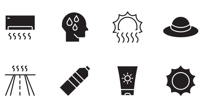 Hot summer heatwave icon set, black glyph vector icons for weather forecast and high temperature protection UI