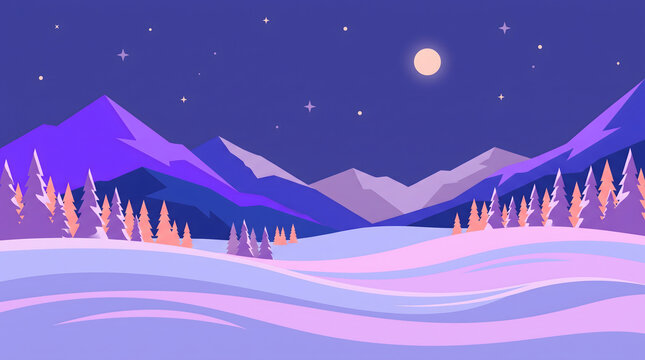 Winter Mountain Landscape with Pine Forest Under a Glowing Moonlit Night Sky