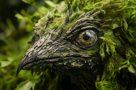 Mystical Hybrid Creature Covered in Moss and Stones in a Fantasy Forest Setting, Generative AI