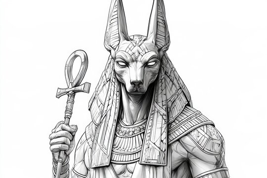 Anubis, the jackal-headed egyptian god, holding an ankh in a detailed monochrome sketch