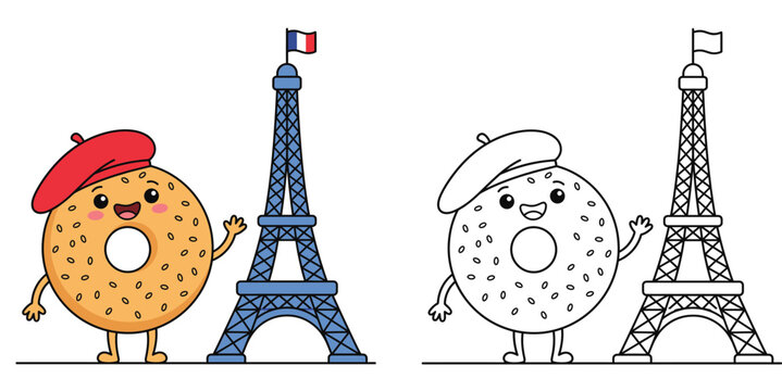 Coloring Page of a Cute Cartoon Bagel Wearing a Beret in Paris with the Eiffel Tower
