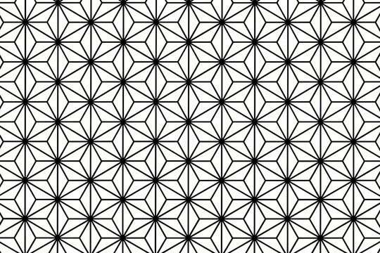 Traditional asanoha pattern forming a repeating geometric hemp leaf design in black and white