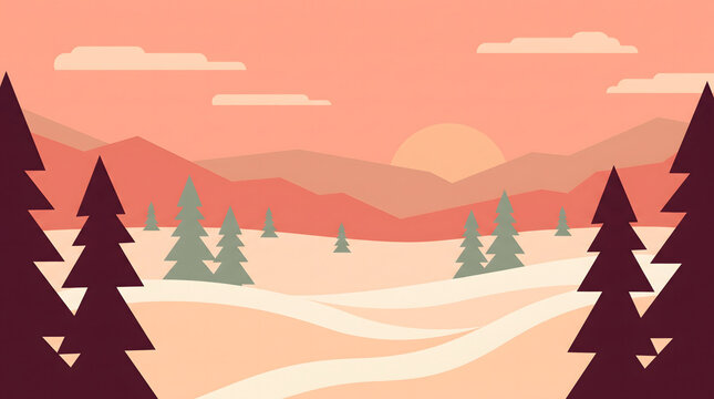 Minimalist Flat Vector Landscape Featuring Evergreen Forest Trees and Sunset Mountains