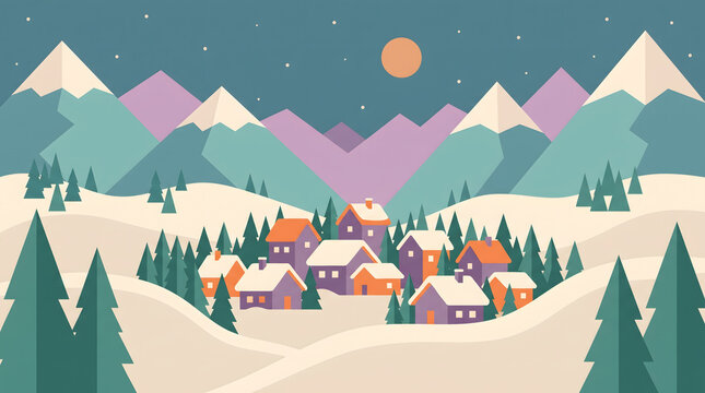 Cozy Winter Mountain Village Landscape Featuring Snowy Pine Forest and Sunset