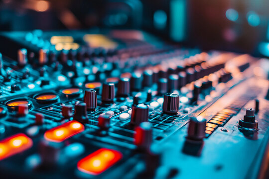 Generative AI image of sound producer adjusting controls on professional audio mixing console