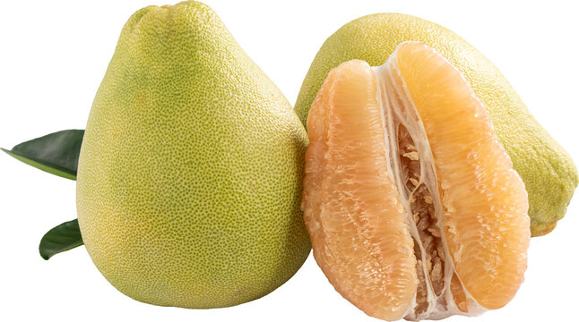 Fresh pomelo fruit with leaf isolated on white background with clipping path.