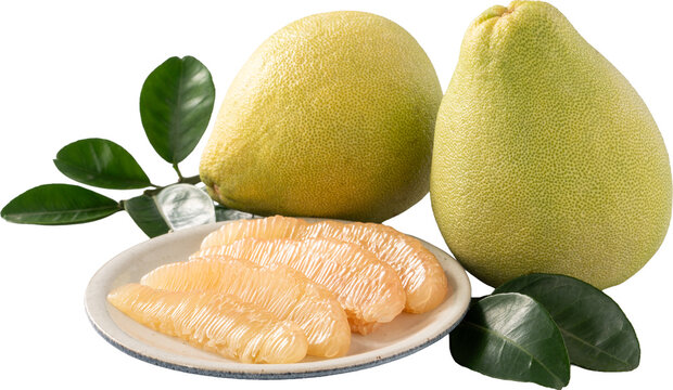 Fresh pomelo fruit with leaf isolated on white background with clipping path.