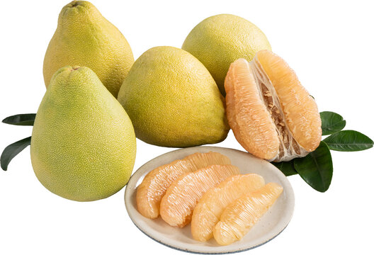 Fresh pomelo fruit with leaf isolated on white background with clipping path.