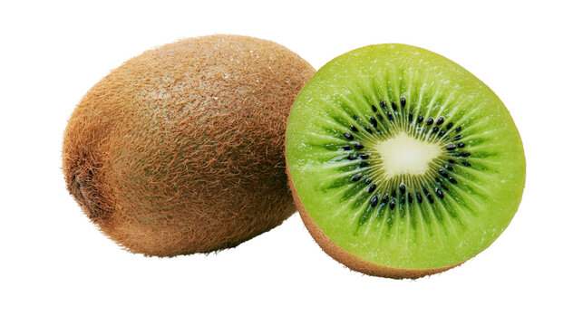 Whole fuzzy brown kiwi fruit and sliced half with green flesh and black seeds