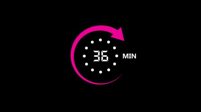 pink color circle arrow refresh icon and 36 min timer icon 4k animation on black screen.