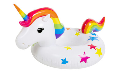 Inflatable unicorn pool float with rainbow mane and colorful star patterns © Uxia