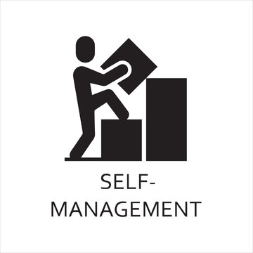 Vector black flat icon self-management as man builds graph