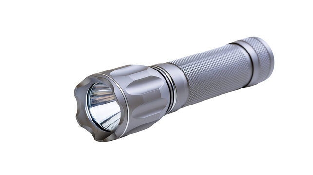 Compact silver metal tactical flashlight with knurled handle and scalloped bezel