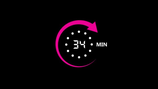 pink color circle arrow refresh icon and 34 min timer icon 4k animation on black screen.