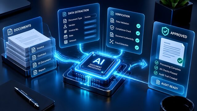 AI document processing system extracting and verifying data from invoice to approved audit status
