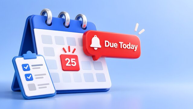 3D calendar with due today notification bell and checklist on blue background for deadline and task management