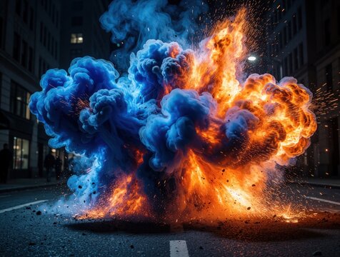 Huge blue, orange energy explosion erupts on dark city street at night. Massive fire clouds, bright sparks fly across urban road. Dramatic light blast creates chaotic motion, glowing smoke in