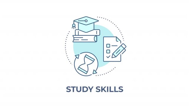 Study skills animated animated monochrome cyan concept icon. Academic habits. Strategic time management hacks. Everyday student productivity. Minimalist blue line animation. Circular motion graphic