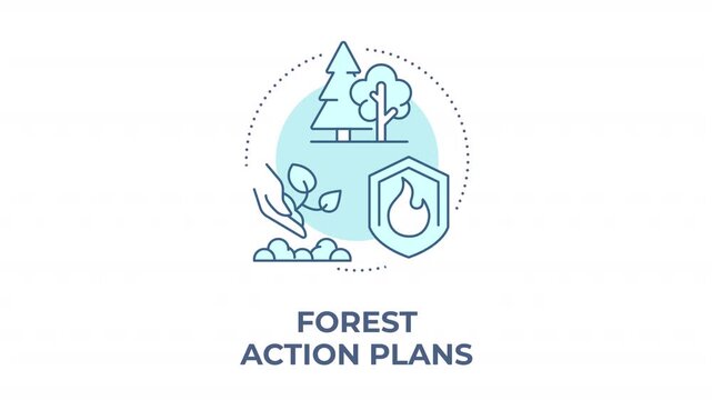 Forest action plans animated animated monochrome cyan concept icon. Climate resilient woodland management. Green restoration initiatives. Minimalist blue line animation. Circular motion graphic