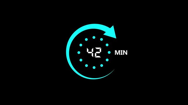cyan color circle arrow refresh icon and 42 min timer icon 4k animation on black screen.