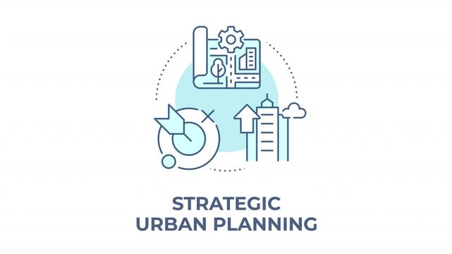 Strategic urban planning animated animated monochrome cyan concept icon. Sustainable metropolitan area growth. Public infrastructure networks. Minimalist blue line animation. Circular motion graphic