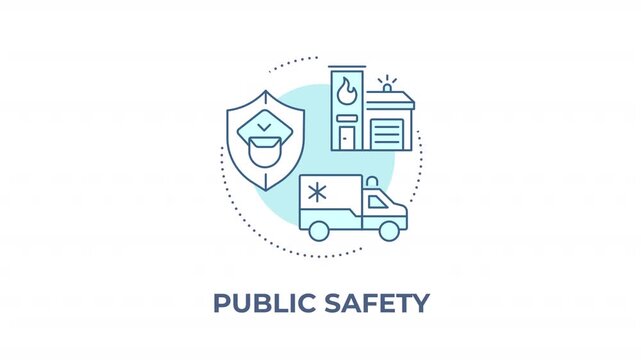 Public safety animated animated monochrome cyan concept icon. Emergency management systems. Essential civic safeguards. Disaster response. Minimalist blue line animation. Circular motion graphic