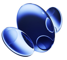 Obraz na płótnie Canvas Blue glass liquid bubbles floating on dark gradient 3d background. Abstract transparent discs, circle lenses with drops light refraction, dynamic fluid shape banner for tech design