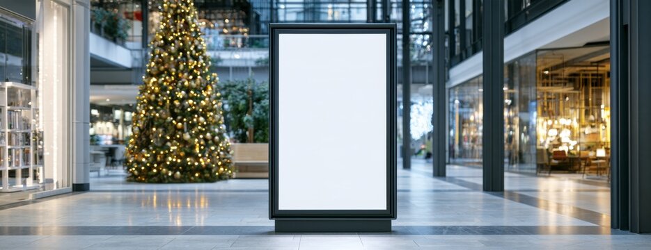 Blank advertising poster mockup in modern shopping mall during Christmas season  