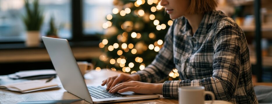 Woman office worker typing on laptop at desk with Christmas tree in background  