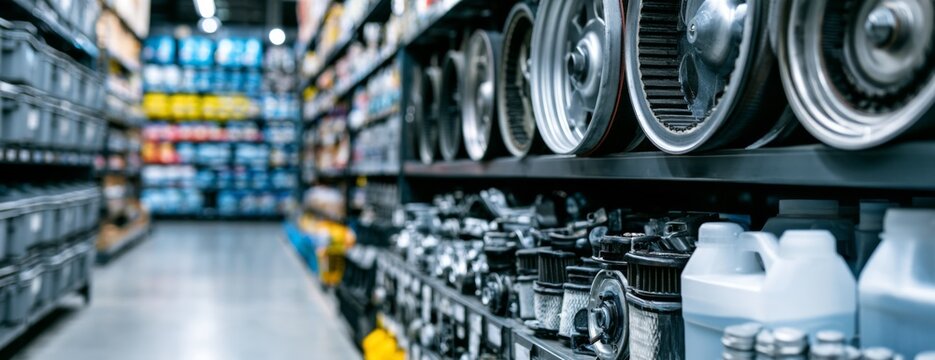 Automotive parts shelves stocked with tools and supplies in store  