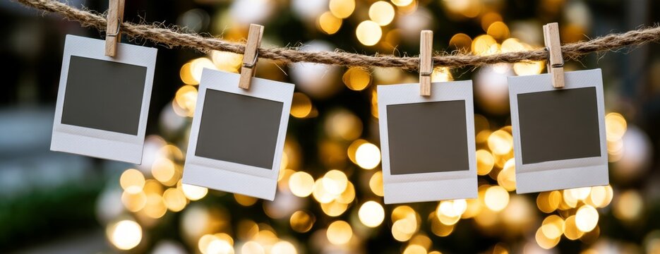 Blank photo frames mockup hanging on a string with festive bokeh lights by Christmas tree