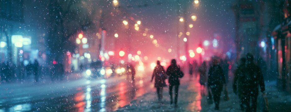 People walking in a snowy urban street at night with colorful lights  