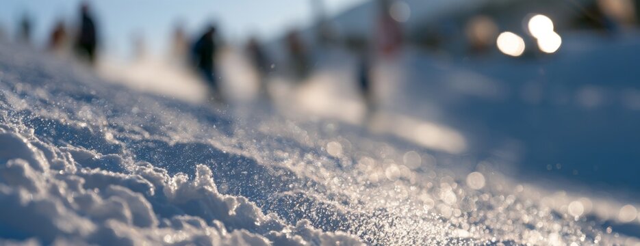 Close-up of snow surface with skiers on snowy slope in winter  