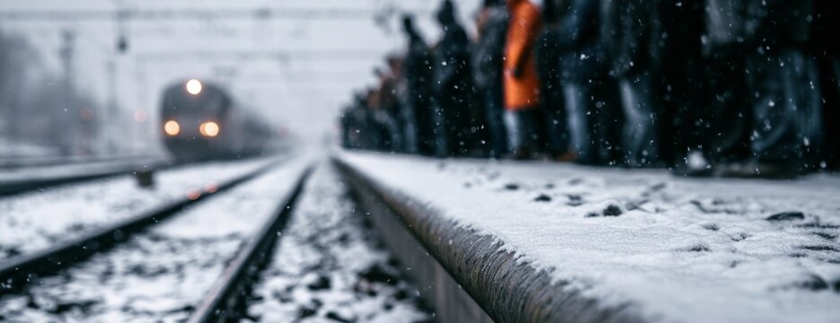 Snowy railway platform with people waiting for a train in winter  