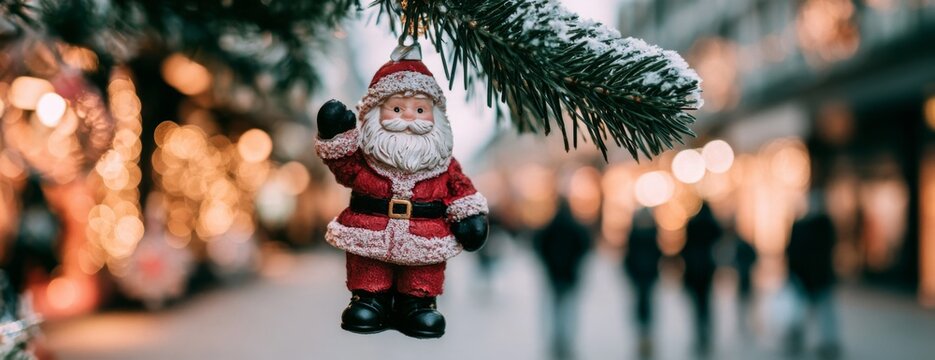 Santa Claus ornament hanging from a snowy pine tree in festive market  