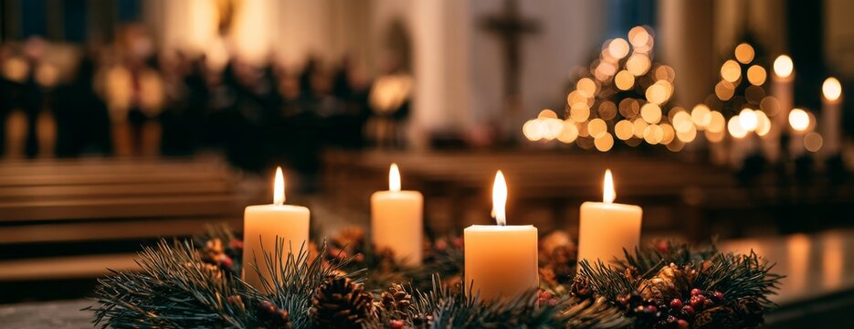 Church candles glowing during Christmas service with festive lights  