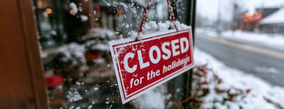 Closed for the holidays sign at the store entrance during winter snow  