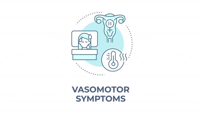 Vasomotor symptoms animated animated monochrome cyan concept icon. Hormone health and wellness. Female reproductive system. Estrogen decline. Minimalist blue line animation. Circular motion graphic
