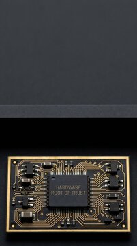 Cryptographic microchip module with gold circuitry on black background vertical