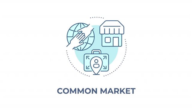 Common market animated animated monochrome cyan concept icon. Economic cooperation framework. Global trade connectivity. Commercial regulations. Minimalist blue line animation. Circular motion graphic