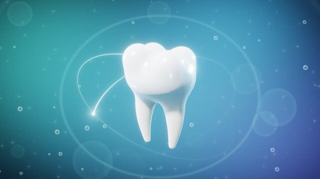 Glossy White 3D Molar Tooth Rotating with Sparkling Star Glints and Glowing Swirls Seamless Loop