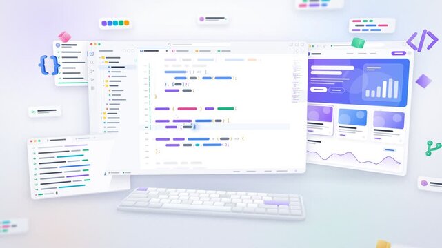 3D Light Theme Code Editor Typing Animation With Syntax Highlighted Code Blocks