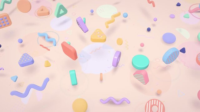 Pastel memphis 3d extruded squiggles dots and triangles bouncing playfully with squash and stretch