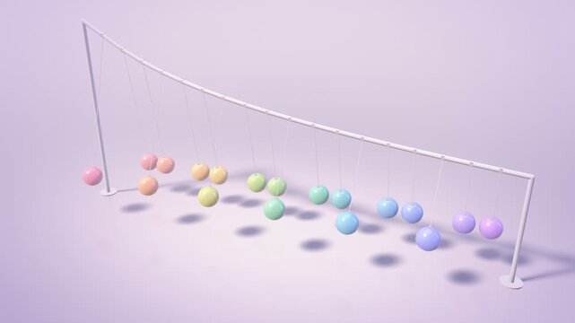 Row of pastel spheres swinging in a hypnotic 3D pendulum wave pattern
