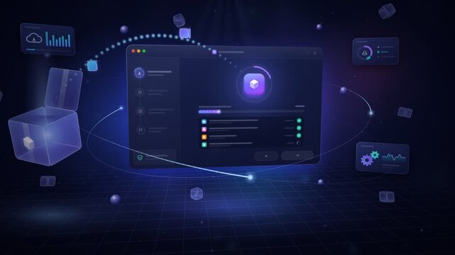 3D Software Installation Window Glass Installer Wizard Progress Bar Data Cubes Flying From Package Box