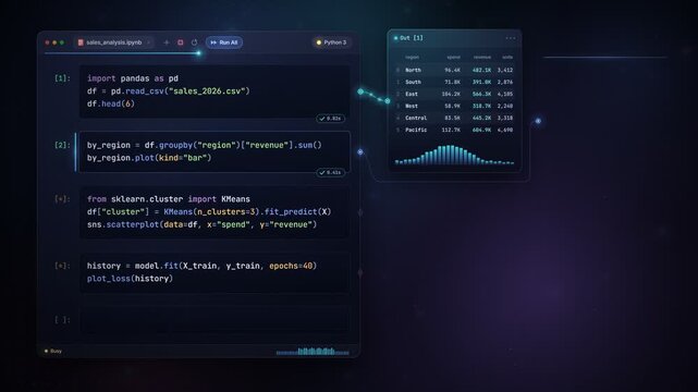 Data Science Notebook Code Execution DataFrame Bar Chart KMeans Clustering Model Training Loss Curve Seamless Loop