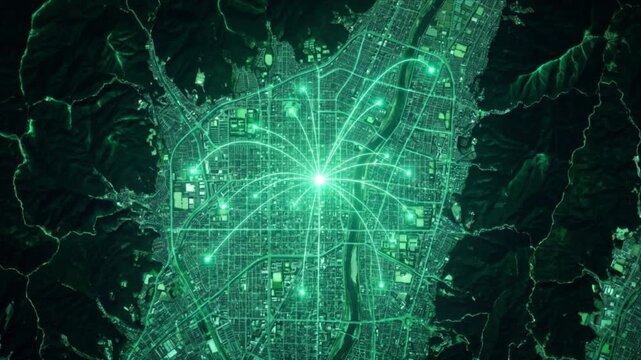 衛星視点の京都盆地全域に広がる光の量子通信ネットワークと行政境界線