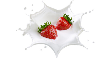 Fresh red strawberries falling into a creamy white milk splash © Fraser